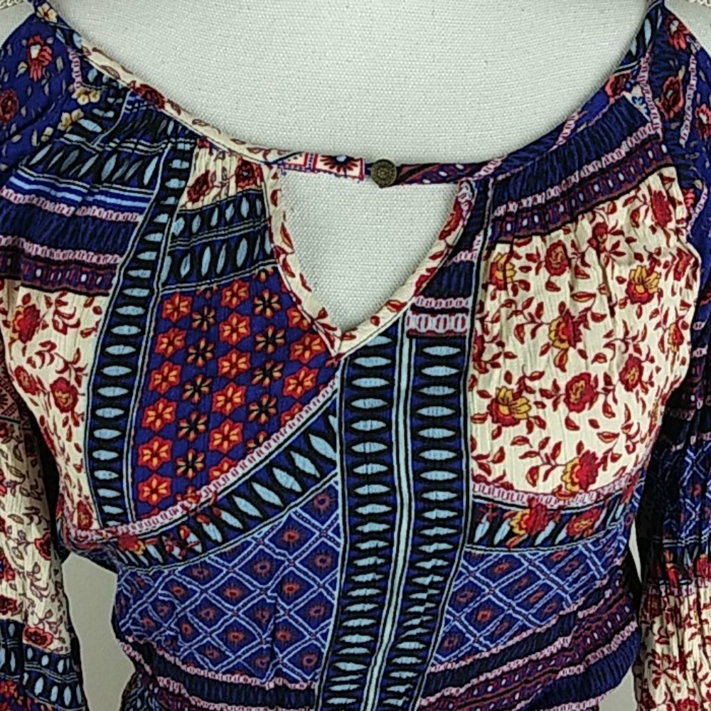 Aeo Patchwork Style Boho Cold Shoulder Dress Sz Xs - image 5